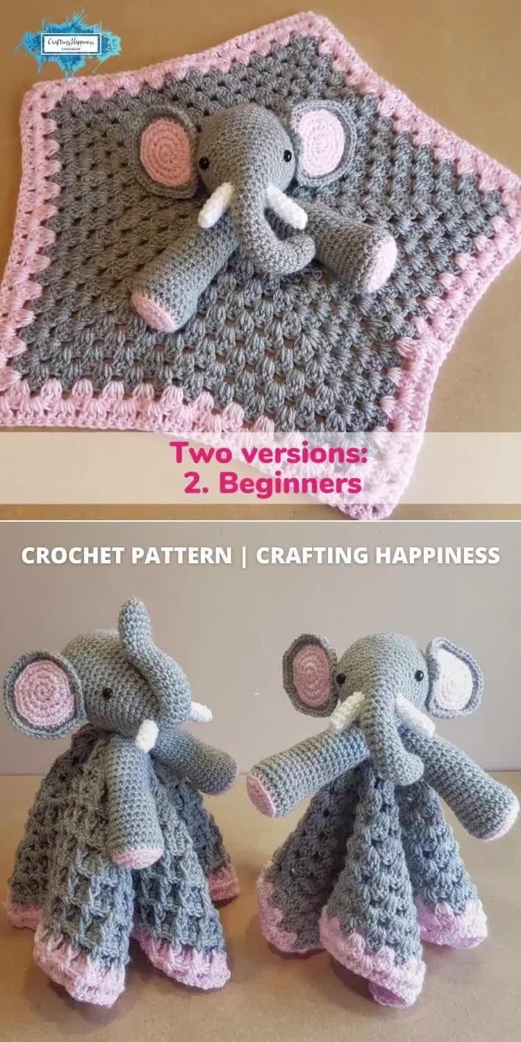 Ella The Elephant Baby Lovey Security Blanket Crochet Pattern ~ Up or Down Trunk ~ Two Style Blankie ~ Baby Shower Birthday Gift Unisex