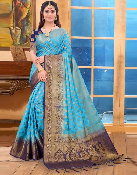 Type: Saree Saree Color: Blue Blouse Color: Blue Saree Length: 5.5 Mtrs Blouse Length: 0.80 Mtrs Fabric: Soft Balatan Silk Work: Jacquard Weaving Care instruction: Dry clean only Kanjivaram Sarees, Silk Sarees, Textile World, Blue Saree, Wishlist Shopping, Surat, Blue Blouse, Jacquard, Color Blue