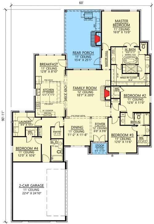 Plan 56406SM Open Concept 4Bed Acadian House Plan