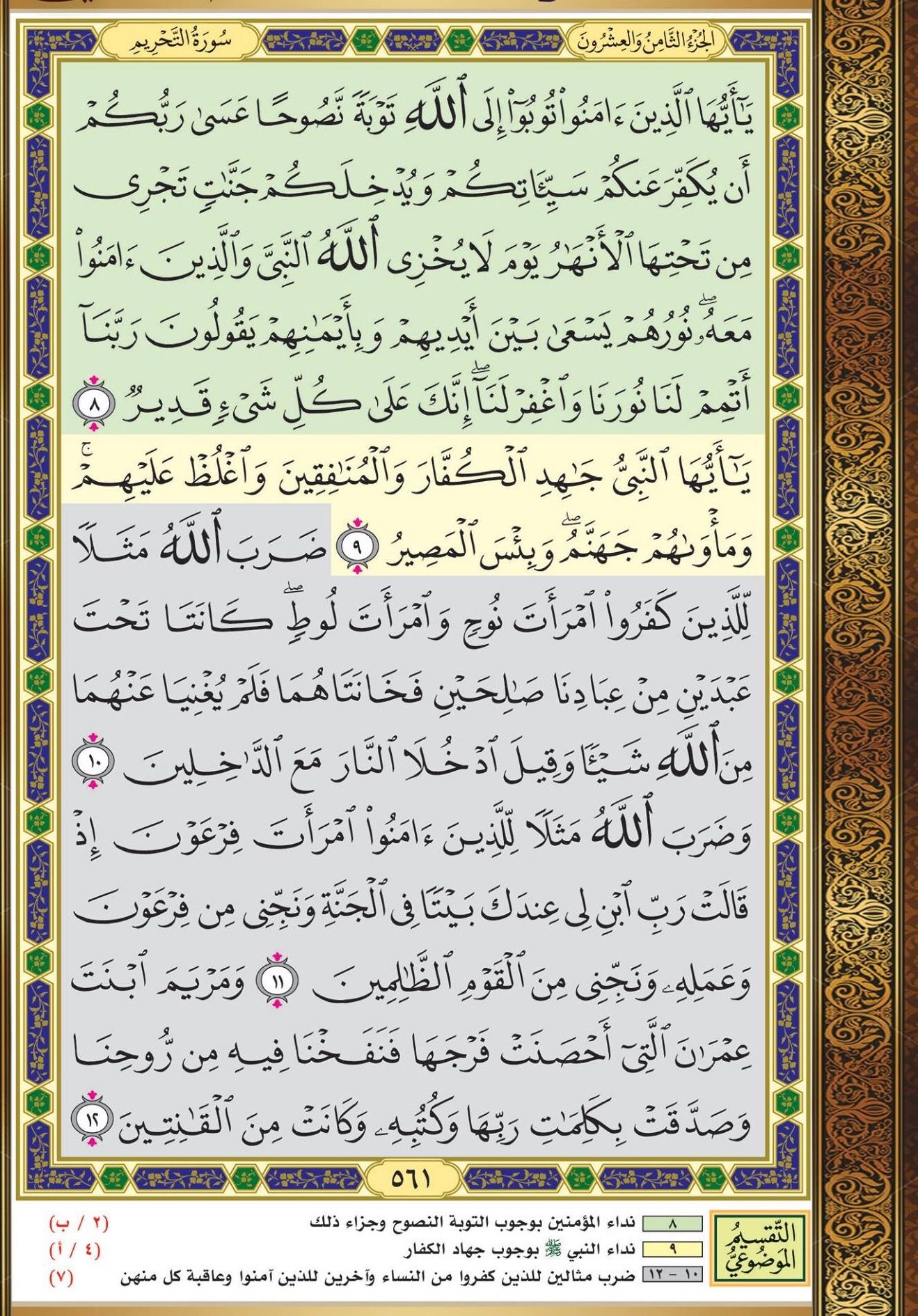 ٨ ١٢ التحريم مصحف التقسيم الموضوعي Quran Book Bullet Journal Quran Verses