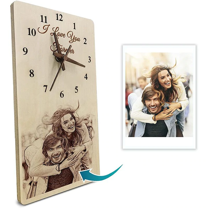 Personalized Wall Engraved Clock with Picture, Wood Burned Desk Photo Clock – Amlion.Store Engraved Clock, Laser Engraved Wood, Laser Cut Wood, Laser Cutting, Scrapbook Overlay, Personalized Clocks, Birthday Gifts For Boyfriend Diy, Photo Clock, Frame Desk