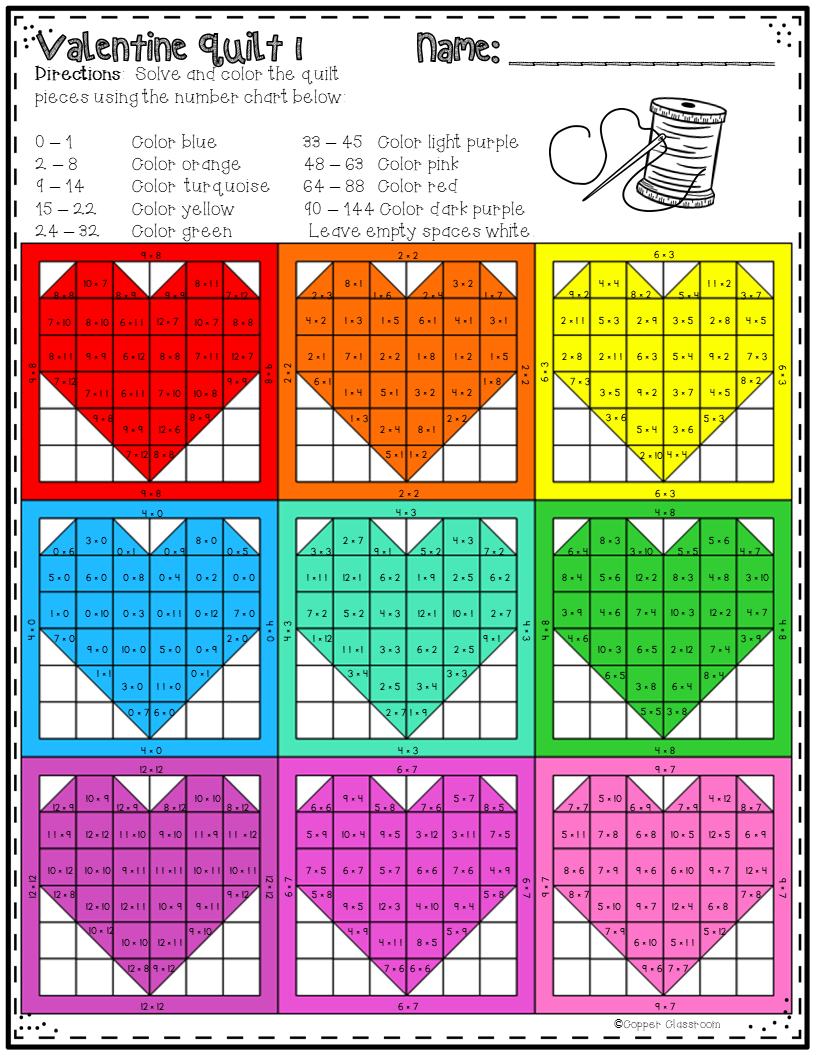 this set of printables includes 10 math quilts with a valentine s day theme these no prep color by code worksheets math valentines heart quilt pattern quilts