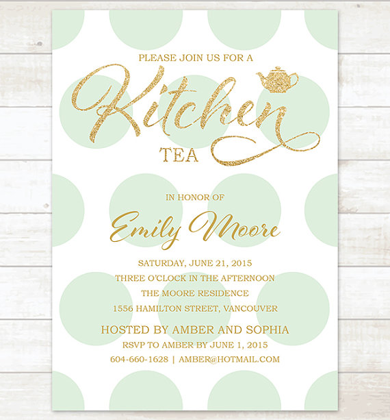gold mint kitchen tea invitation mint polka dots gold glitter
