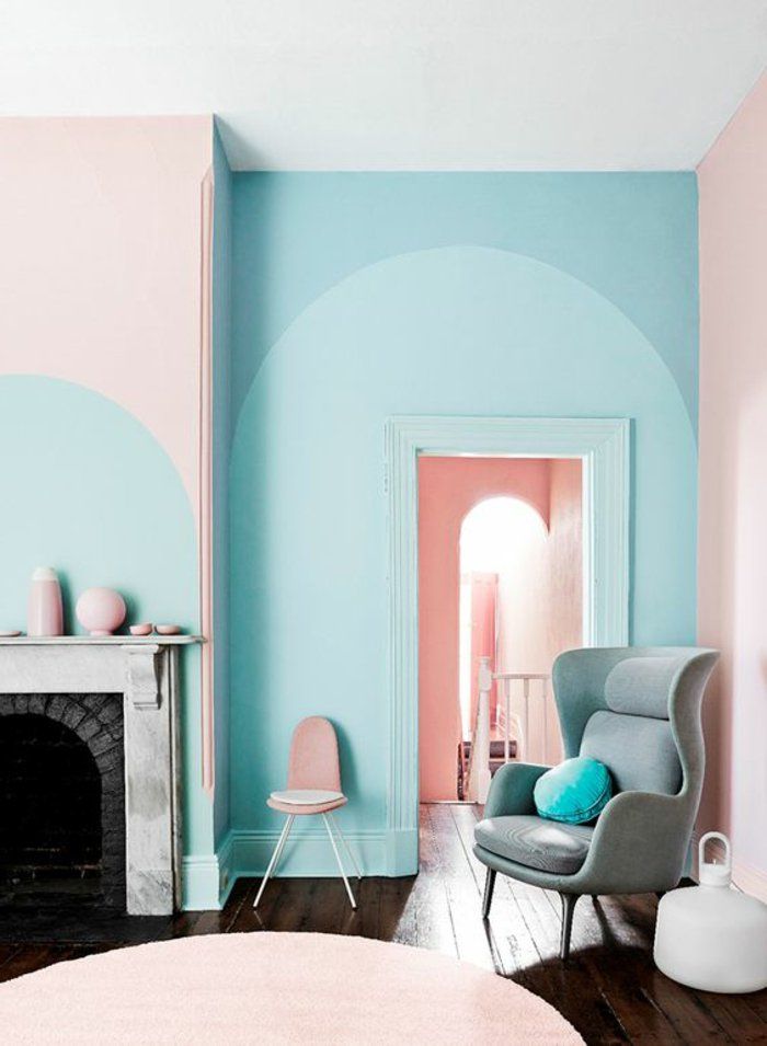 comment-peindre-un-mur-bleu-ciel-et-blanc-cheminée-et-fauteuil-gris Doors Interior, Home Interior Design, House Interior, Cottage Interior, Interior Office, Interior Sketch, Studio Interior, Eclectic Interior, Industrial Interior