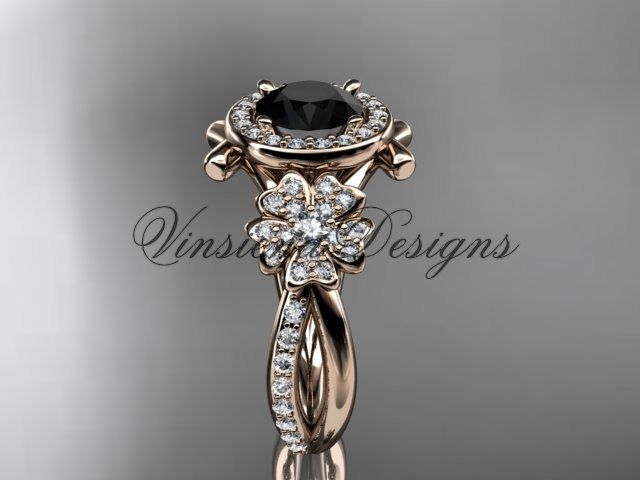 Cherry Blossom 14K rose gold diamond flower, Sakura 1.0 ct black diamond engagement ring, wedding ring, promise ring, anniversary VD8089 Beautiful in every given way, this unique women's diamond Cherry Blossom / Sakura / Sakura Blossom / Flor de cerezo engagement ring is made of solid 14K rose gold with 1.0 ct Round cut Black Diamond center stone, perfectly set in a stunning 14K rose gold band. It has 66 VS-SI/G-H color diamonds total weight of 0.64 ct. It's a graceful ring design for your weddi Black Diamond Wedding Rings, Black Diamond Engagement, Flower Engagement Ring, Rose Gold Band, White Gold Band, Rose Gold Diamonds, Gold Bands, Wedding Engagement, H Color Diamond