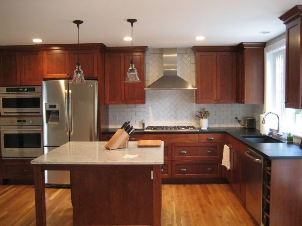 Cherry Cabinets Maple Floor W Pink Orange Undertones For Contrast Cherry Wood Kitchen Cabinets Kitchen Design Small Wood Kitchen
