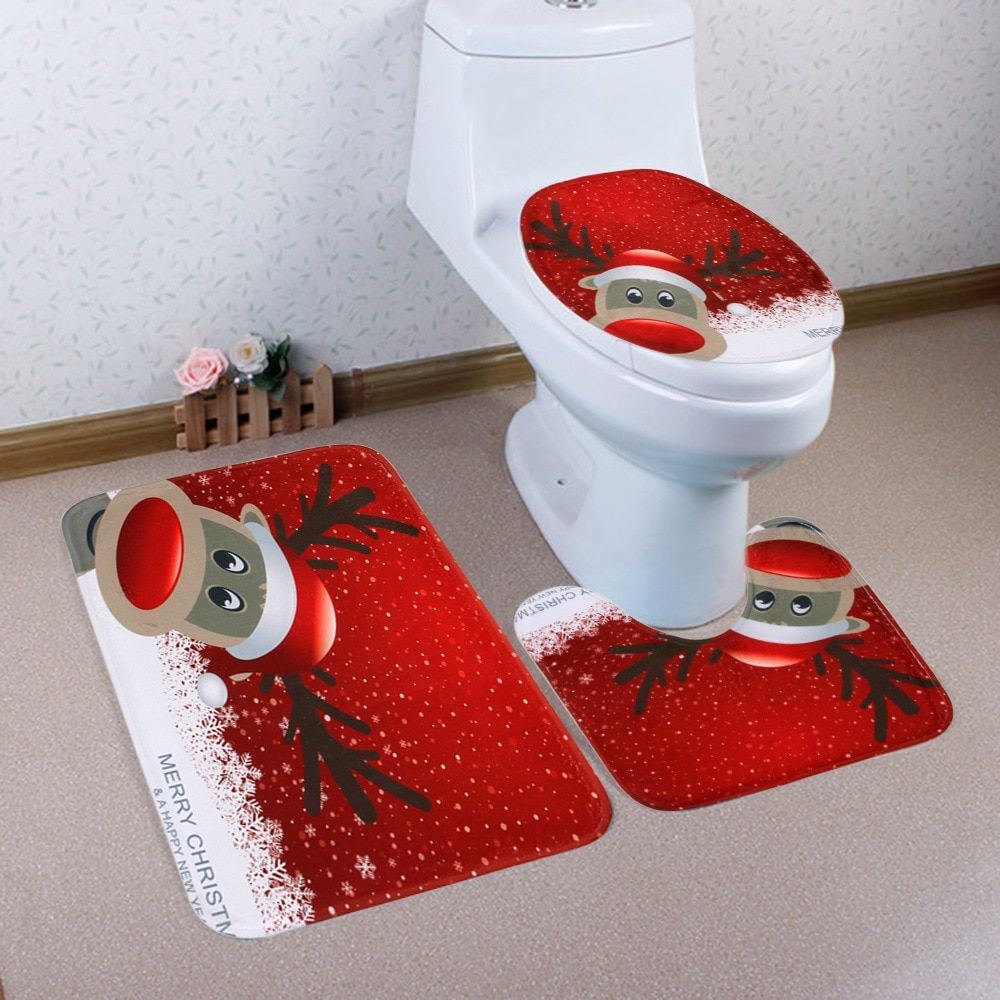 3Pcs Christmas Snowman Pattern Toilet Set Bathroom Mats Set Xmas Decoration UK