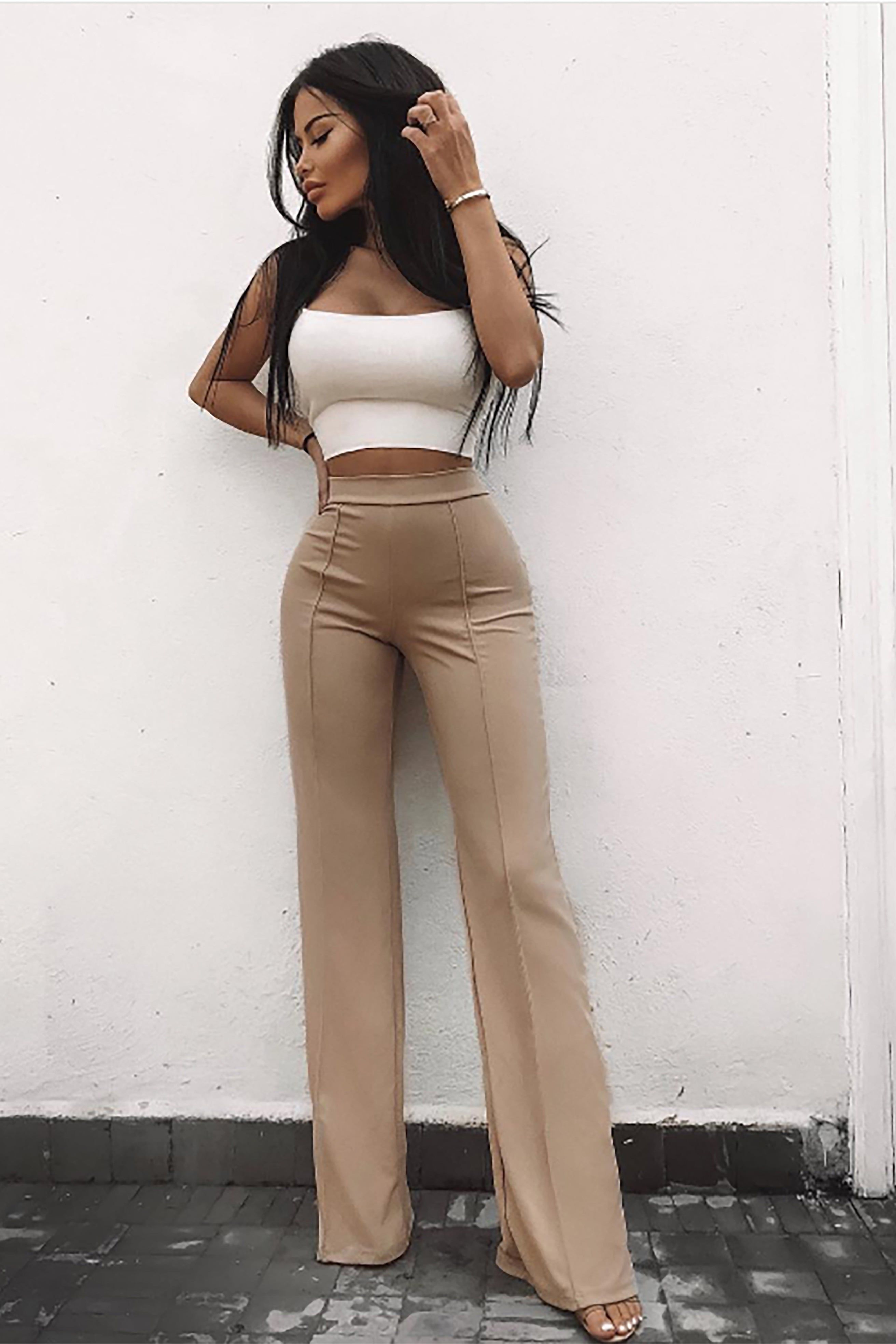 Available in Black and Mauve High-Rise Crepe Knit Pintuck on Front Back Hidden Zipper 35 inseam. Based on a size Small 96% Polyester 4% Spandex Made In The USA | Victoria High Waisted Dress Pants in Taupe size Small by Fashion Nova Classy Outfits, Stylish Outfits, Cute Outfits, Fashion Outfits, Elegant Pants Outfit, Women Fashion Casual, Semi Casual Outfit Women, Office Outfits, Short Outfits