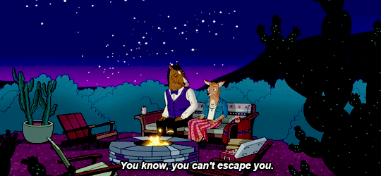 GIF: By an open fire on a starry night, Charlotte tells BoJack, "You know, you can't escape you."