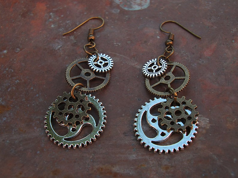 Steampunk earrings unique made of all metal gears