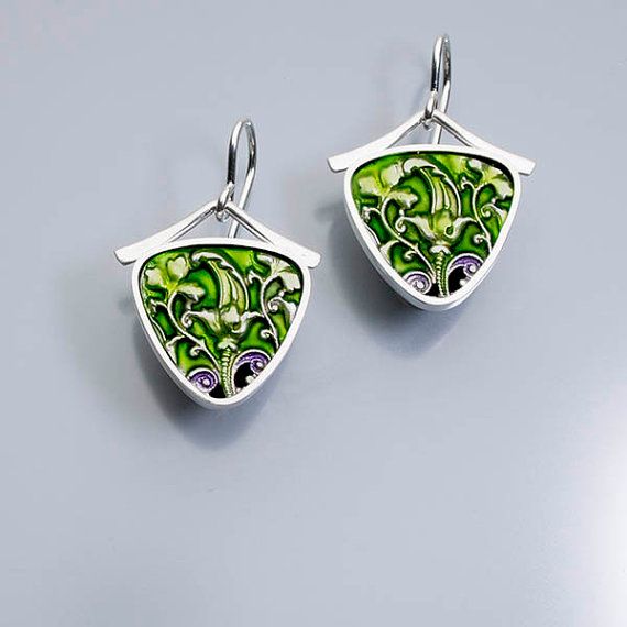 and resin enamel earrings PMC Ivy Woodrose sterling silver