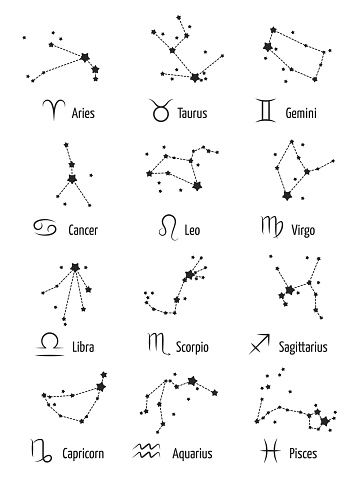 Zodiac signs horoscope symbols astrology icons - stars zodiacal constellations isolated on white background. Astrology and zodiac constellation for horoscope, vector illustration Horoscope Tattoos, Leo Tattoos, Mini Tattoos, Cute Tattoos, Body Art Tattoos, Small Tattoos, Leo Zodiac Tattoos, Cancer Sign Tattoos, Leo Sign Tattoo