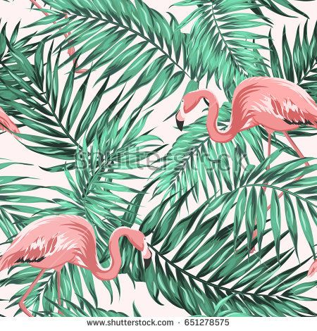 Bright green tropical jungle rainforest palm tree leaves. Pink exotic flamingo wading birds couple. Seamless pattern texture on light beige background. Vector design illustration. Fern Wallpaper, Flamingo Wallpaper, Jungle Wallpaper, Temporary Wallpaper, Graffiti Wallpaper, Abstract Wallpaper, Nature Wallpaper, Flower Wallpaper, Baby Wallpaper
