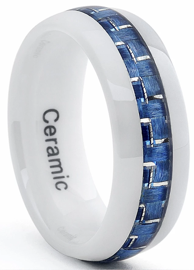 White Ceramic Men's Wedding Band With Blue Carbon Fiber