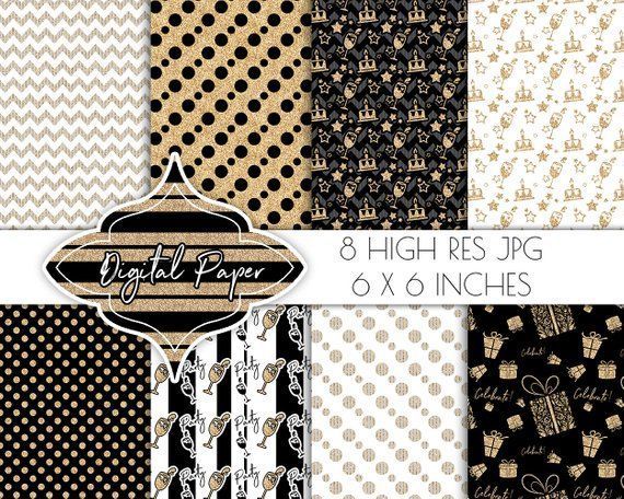 birthday digital papers, party scrapbook papers, digital paper pack, invitation jpg, birthday clipart, black white gold glitter gift wrap