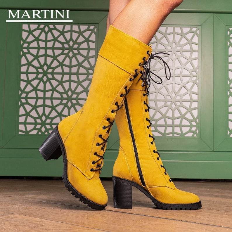 black and yellow knee high boots punk