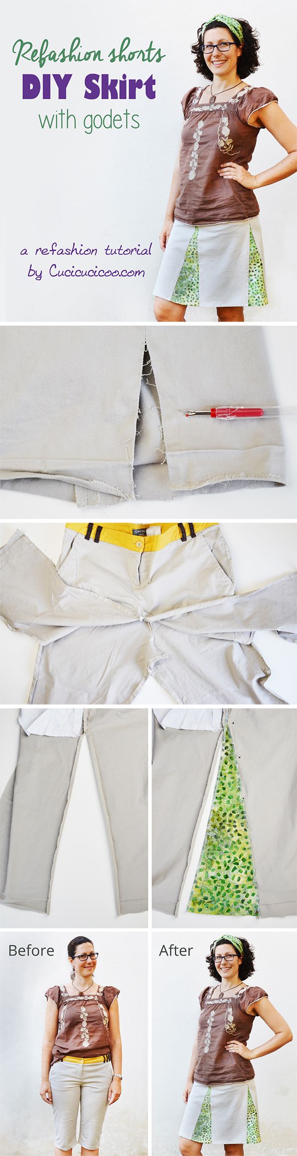 Got old shorts that don’t look good? Refashion them into this DIY skirt with godets, and you’ll start wearing it all the time! A great “new” garment for FREE! Easy Sewing Projects, Sewing Projects For Beginners, Sewing Hacks, Sewing Tutorials, Sewing Patterns, Diy Projects, Sewing To Sell, Free Sewing, Diy Sewing