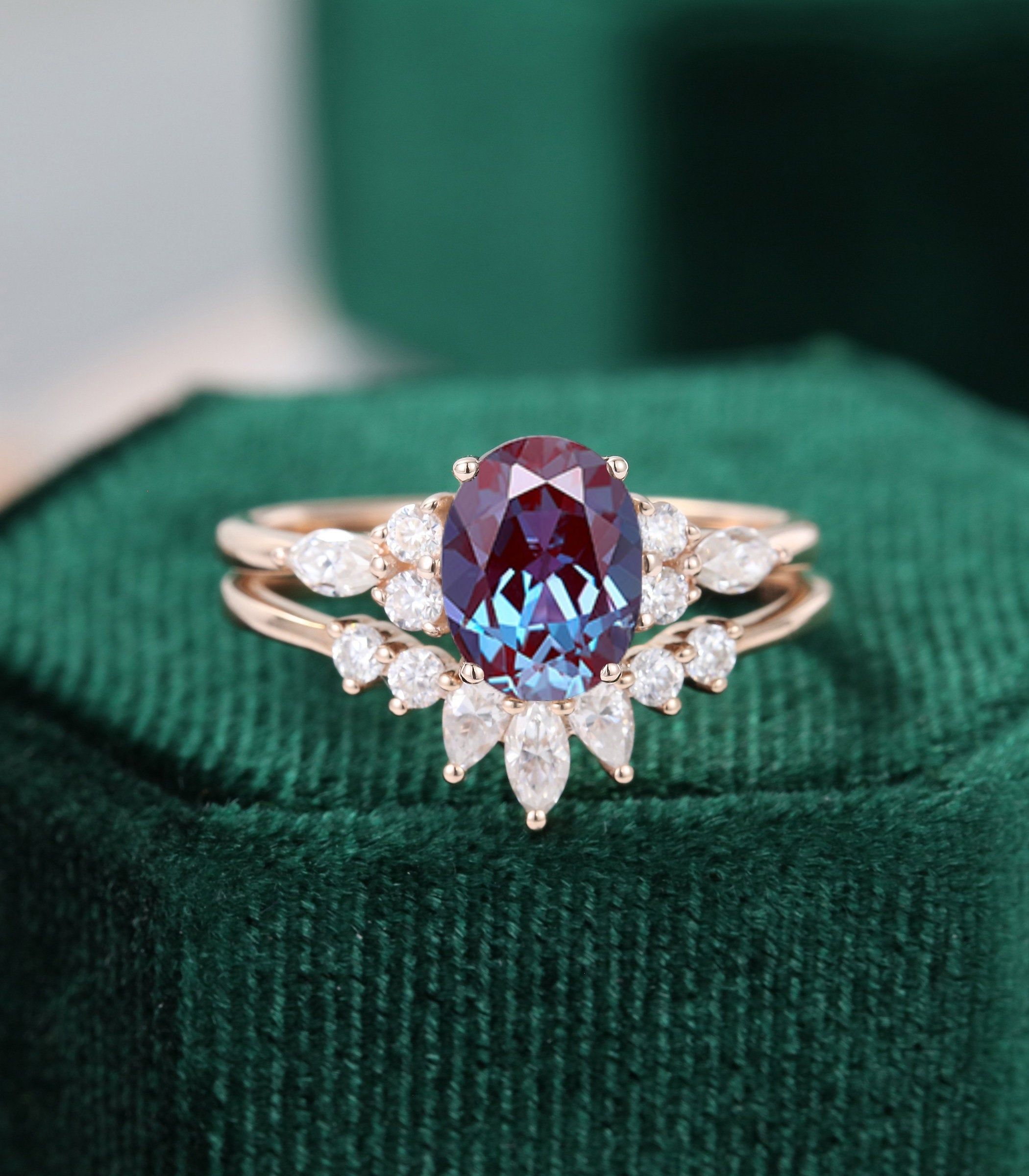 Oval moss agate engagement ring vintage unique Cluster rose gold engagement ring women Marquise diamond wedding Bridal art deco Anniversary