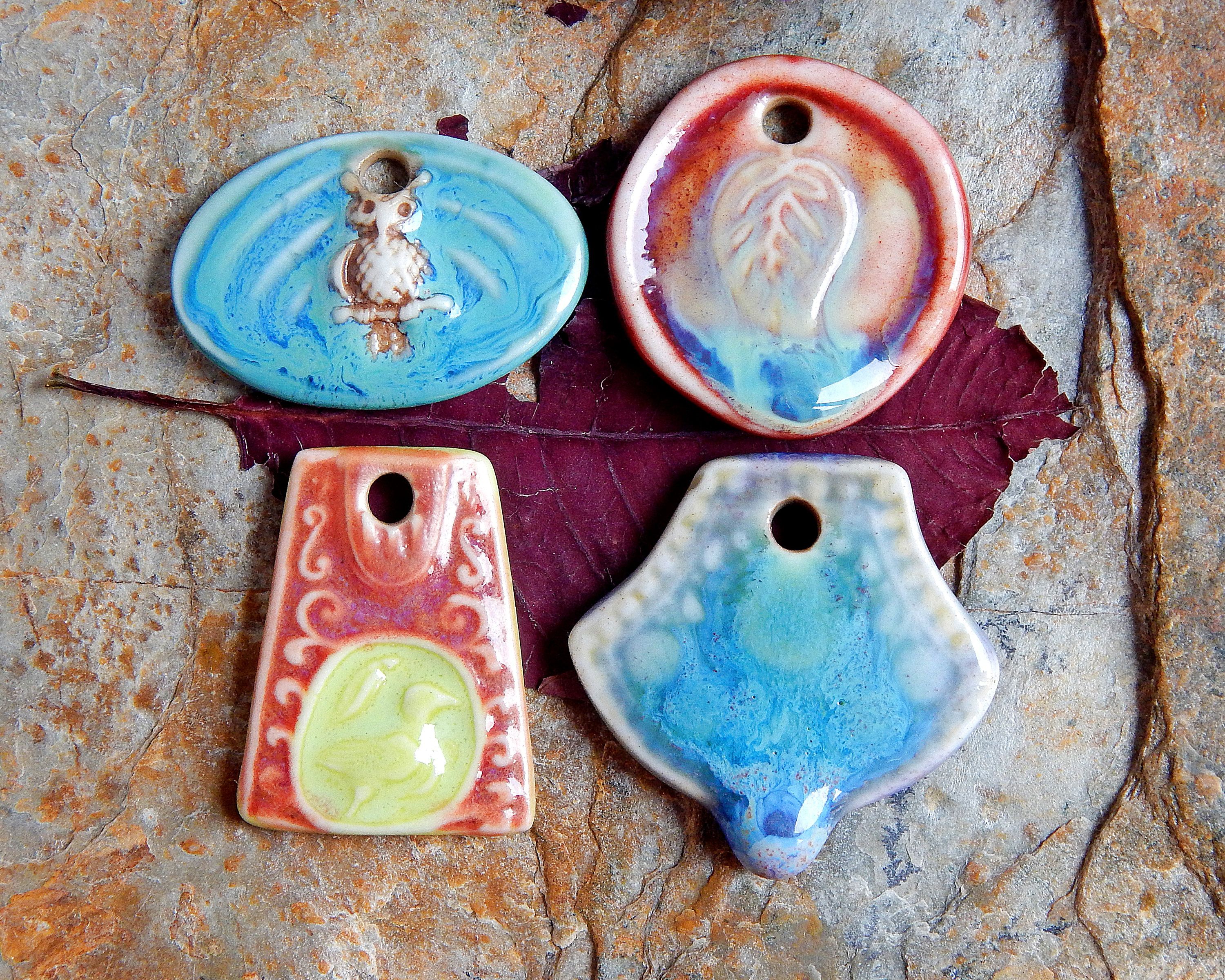 4 artisan pendants of ceramic boho necklace supplies Set of Assorted Porcelain Charms lot handcrafted pendants