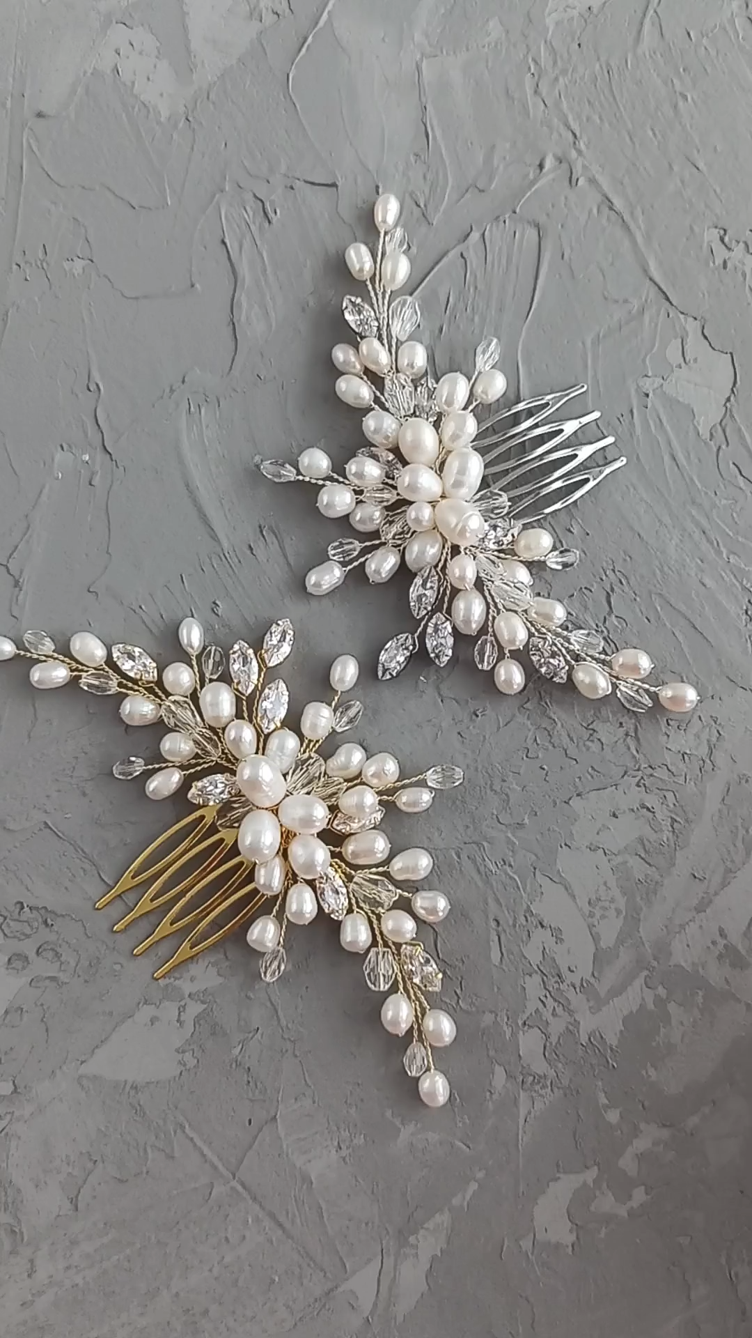 Bridal silver and gold hair comb with freshwater pearl and cubic zirconia crystals
