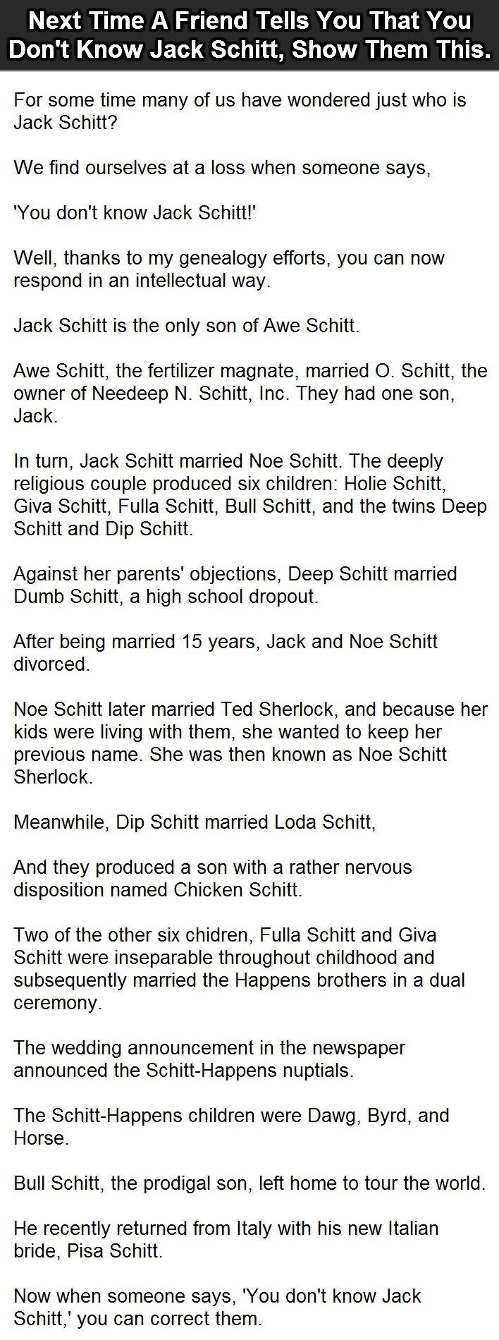 Next Time A Friend Tells You That You Don T Know Jack Schitt Show Them This You Don T Know Jack Funny Jokes