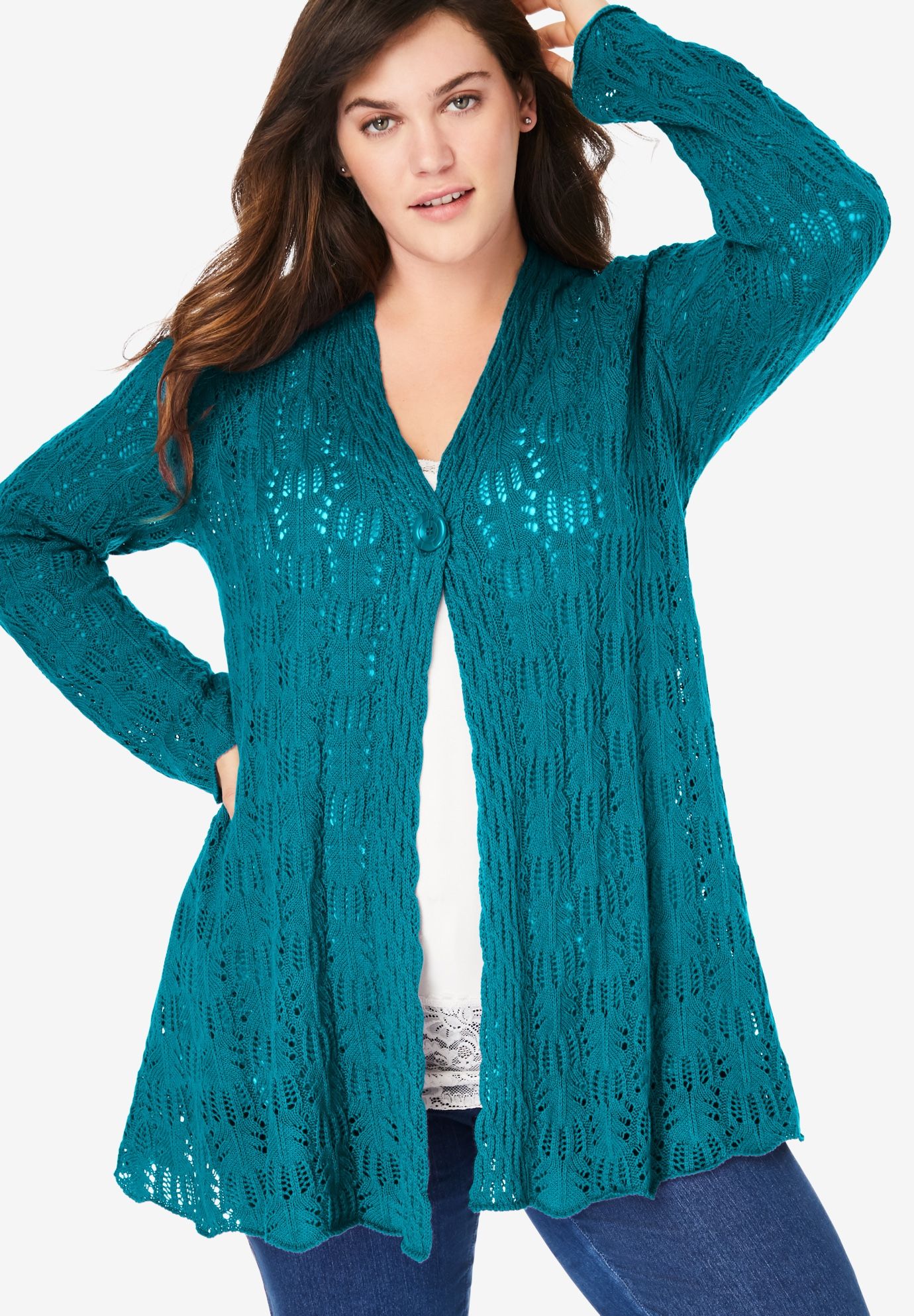 Woman Within Womens Plus Size Single Button Pointelle Cardigan