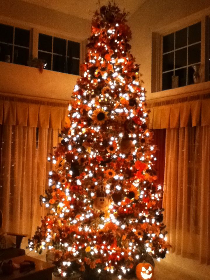 Christmas Tree Decorated For Fall Just Cover It With Leaves Orange Christmas Tree Decorated For Fall Just Cover It With Leaves Orange Lights And All Kinds Of Stuff