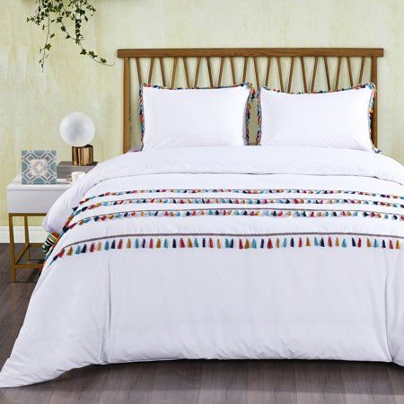 California Design Den Boho Tassled Duvet Cover Set Cotton White