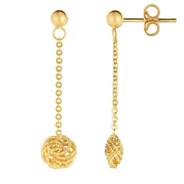 You'll want to sweep your hair up to showcase the glittery movement of these dangling drop earrings. Featuring a ball stud and a diamond cut love knot drop motif, these dangling earrings are a perfect addition to anyone’s jewelry collection. These 14K yellow gold post push back earrings come in a elegant gift box.14K Y Stamped Earrings, Gold Drop Earrings, Dangle Earrings, Gold Necklace, 14k Yellow Gold, 14k Gold, Italian Style, Elegant Gift, Metal Stamping