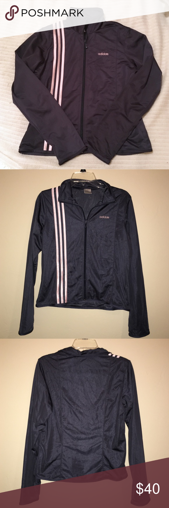 NWOT Adidas Metallic GrayBlue & Light Pink Jacket in 2020 Adidas jacket black pink stripes sz med whood