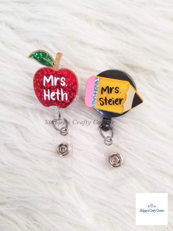 Teacher Pencil Acrylic Badge Reel ID Holder
