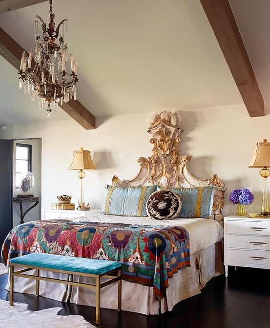 Glam eclectic bedroom in gold and turquoise w antique headboard Glam eclectic bedroom in gold and turquoise w antique headboard