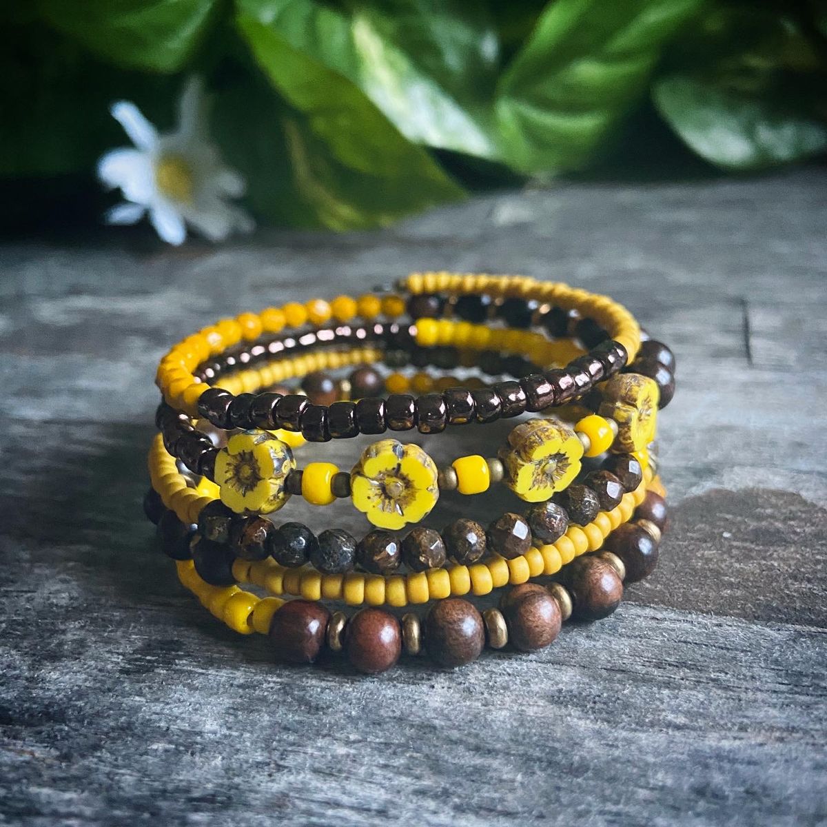 Picture stone jasper gemstone beaded choker necklace wrap memory wire boho hippie brown statement unique jewelry handmade gift for her