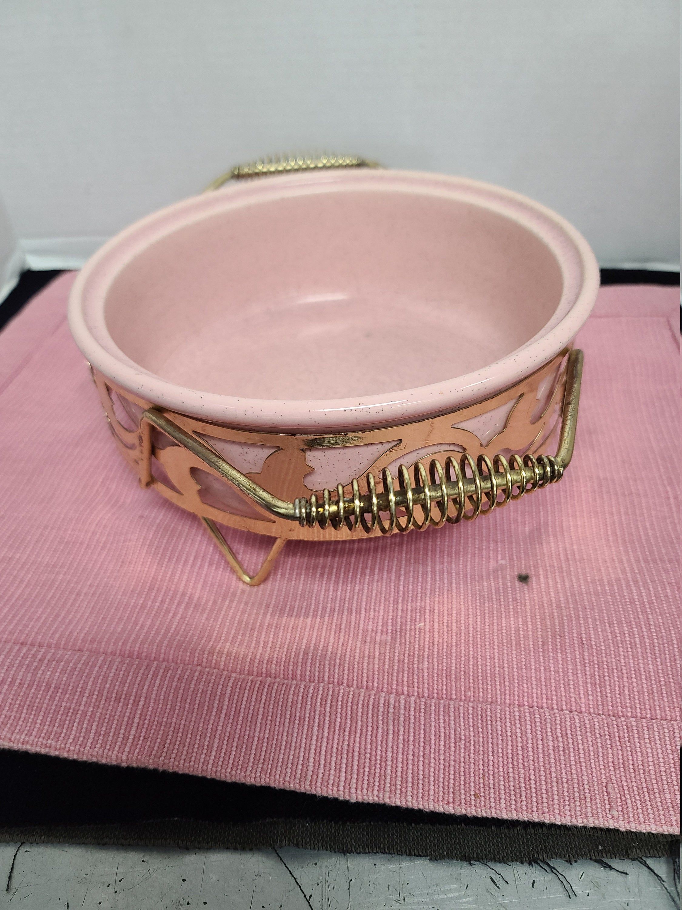 "Bauer speckled pink casserole with stand but no lid, 4\" by 8 1/2' ,good condition, FREE shipping to USA" Lavender Roses, Speckle, Bauer, Casserole, Lidded, Cuff Bracelets, Free Shipping, Usa, Pink