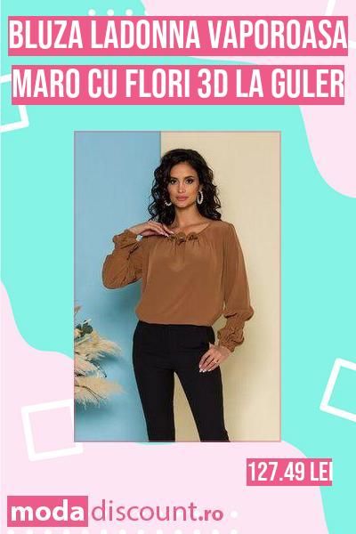 Cumpara online Bluza LaDonna vaporoasa maro cu flori 3D la guler la cel mai accesibil pret. Comanda acum online de pe ModaDiscount.ro si nu rata Bluza LaDonna vaporoasa maro cu flori 3D la guler la doar 127.49 lei.