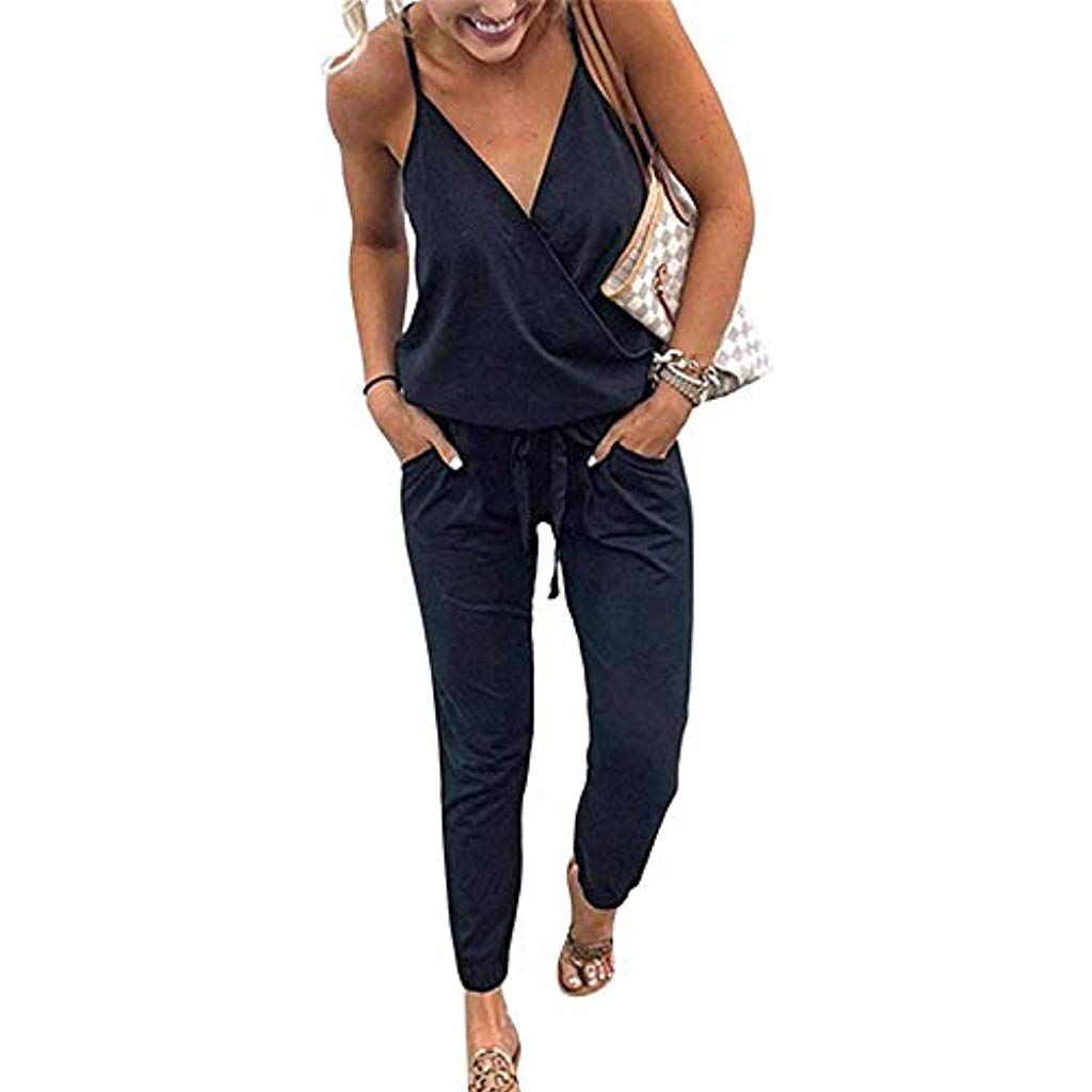 Femme Combishort Casual Romper Jumpsuit Bodysuit Col V Et/é Plage Combinaison Short Courte Manches avec Poche Playsuit