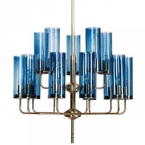 Brass and Blue Glass Tube Chandelier by Hans Agne Jakobsson Brass and Blue Glass Tube Chandelier by Hans Agne Jakobsson