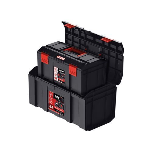 De Qbrick Regular R-Box 19”+ 16: bestaat uit een set van 2 gereedschapskoffers. Ideaal om al je tools en accessoires in op te bergen en overal mee te nemen. De gereedschapskoffers beschikken over een geleidesteun voor zaagwerk, een hangslotbeugel en verstevigingsribbenen clips ter bescherming van al je toebehoren. Door het ergonomische handvat neem je gemakkelijk al je gereedschap mee. Products, Gadget