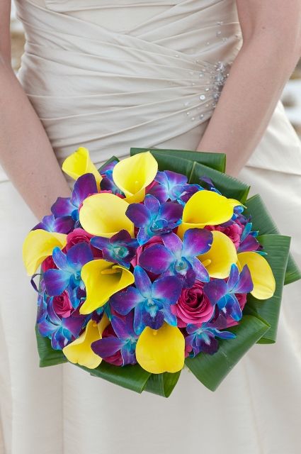 Hot Pink Roses Yellow Mini Calla Lilies Blue Dendrobium Orchids