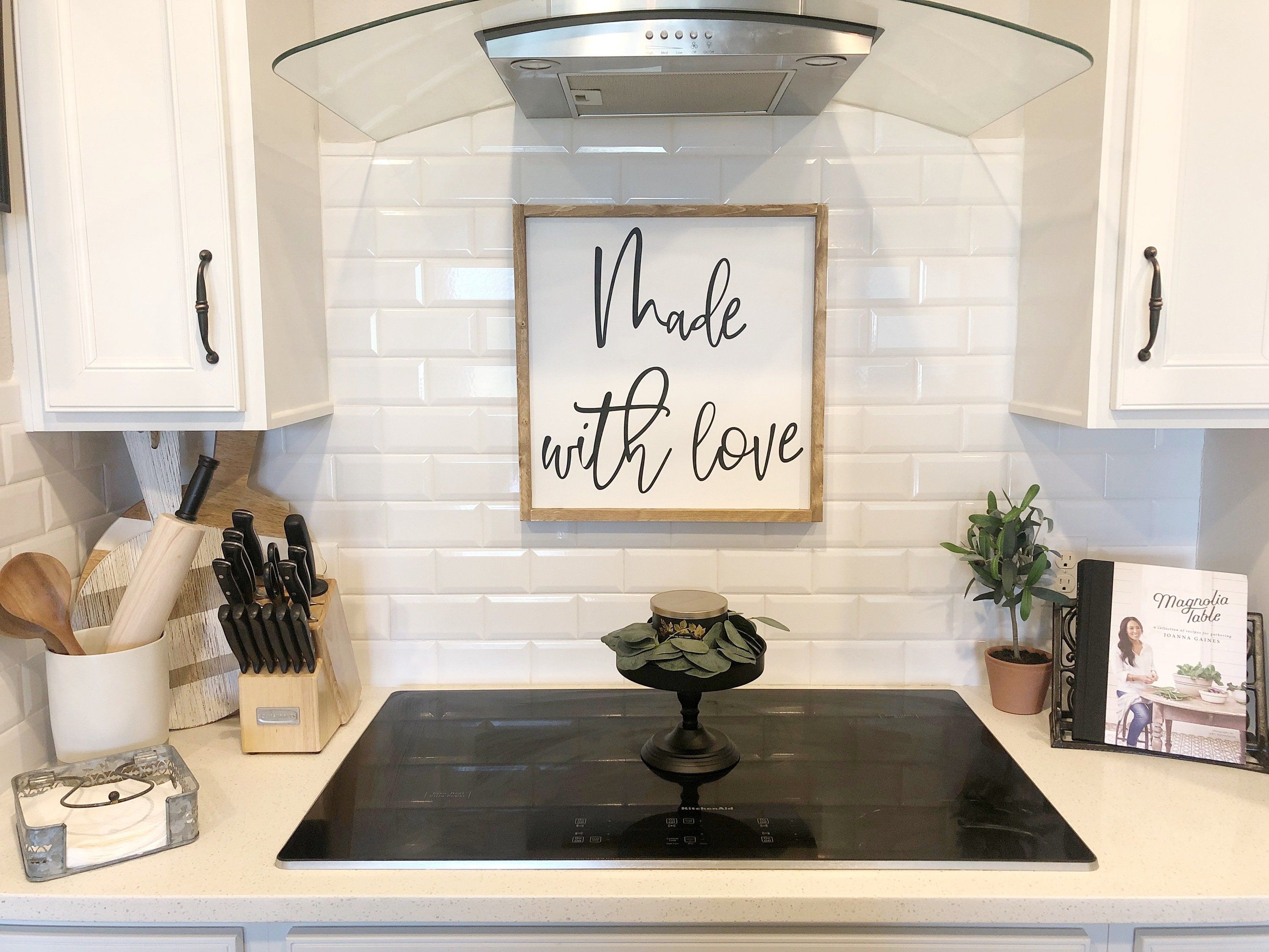 "Made with love.... I love hanging beautiful sentiments in my home. This one above the stove is so pretty & warns you this kitchen so much. It's about 19.5\"x19.5\" All paint and wood If you need another size or color message me :)" White Kitchen Decor, Home Decor Kitchen, Kitchen Dining Room, Home Kitchens, White Stove Kitchen, Glam Kitchen Decor Apartment, At Home Decor, Appartment Decor Ideas Kitchen, Farmhouse Kitchen Counter Decor Ideas