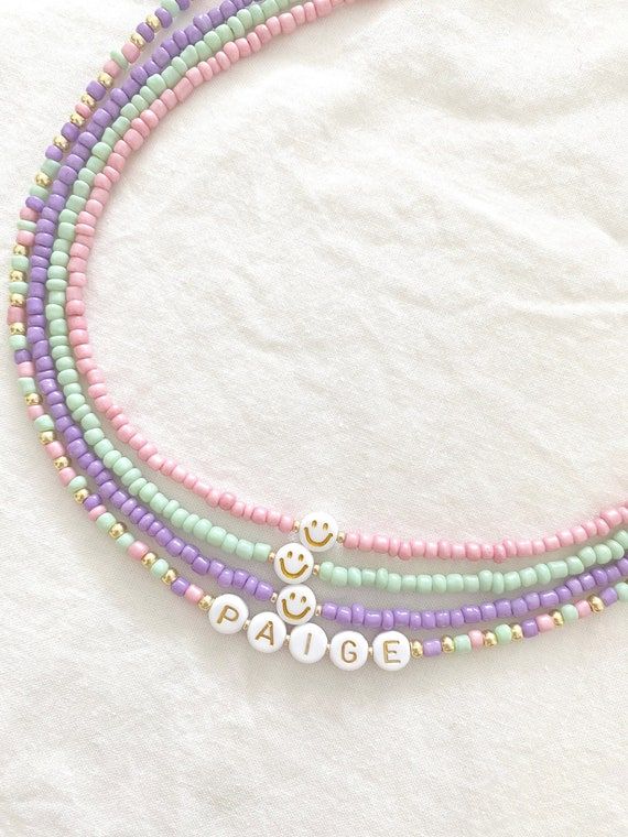 Pastel Seed Bead Personalized Choker Necklaces Mint Green | Etsy Clay Bead Necklace, Green Beaded Necklace, Clay Bracelet, Purple Necklace, Seed Bead Bracelets, Seed Bead Jewelry, Bead Jewellery, Seed Beads, Diy Bracelet Designs