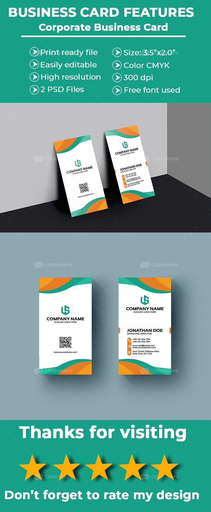 This is a Corporate Business Card. This template contains double sided business card design. Included are 2 psd files with CMYK color, 3.5"x 2.0" dimension, high resolution, 300 dpi, easily customizable design. Features: - Print-ready files - Double sided design - Size: 3.5"x 2.0" with 0.25" bleed settings - High resolution (300 dpi) - CMYK color mode - 2 PSD files - Easily customizable Font Used: - Download Link: https://www.fontsquirrel.com/fonts/download/sansation If you need any help usi Corporate Business Card, Business Card Design, Double Sided Business Cards, Fonts Download, Psd Files, Cmyk Color, Company Names, Free Font, Easily