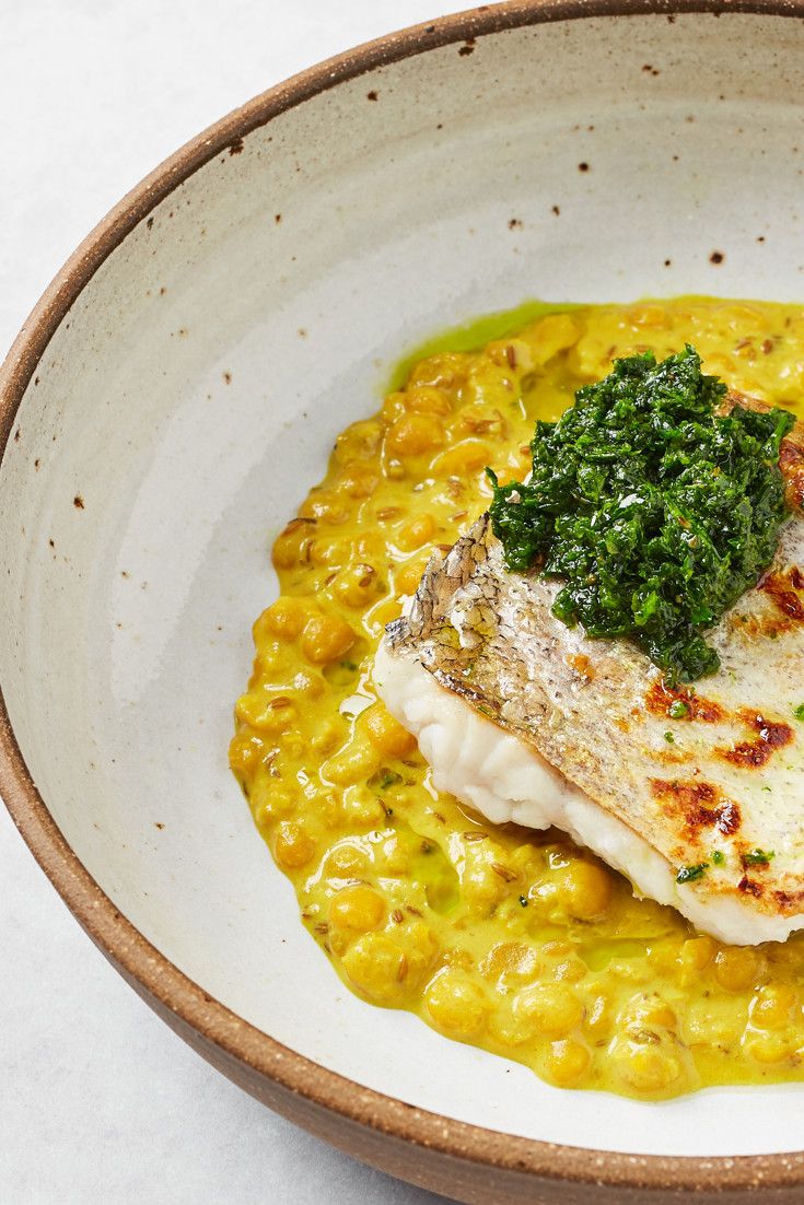 Hake with zhoug and yellow split pea dhal