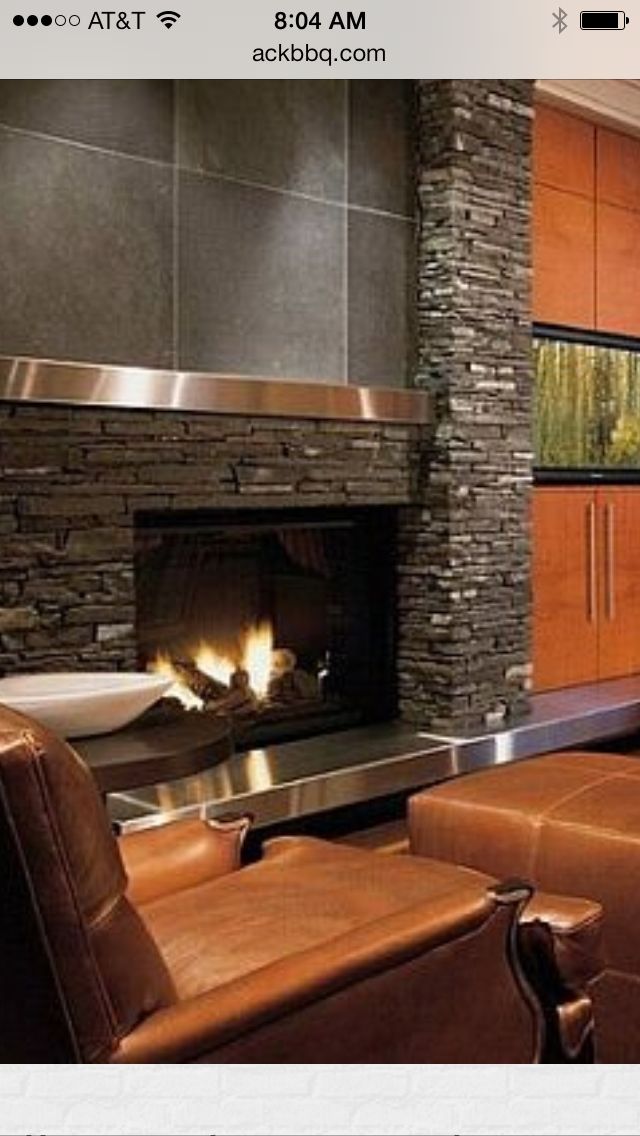 Gray brick with brown room Fireplace, Fireplace design, Asymmetrical