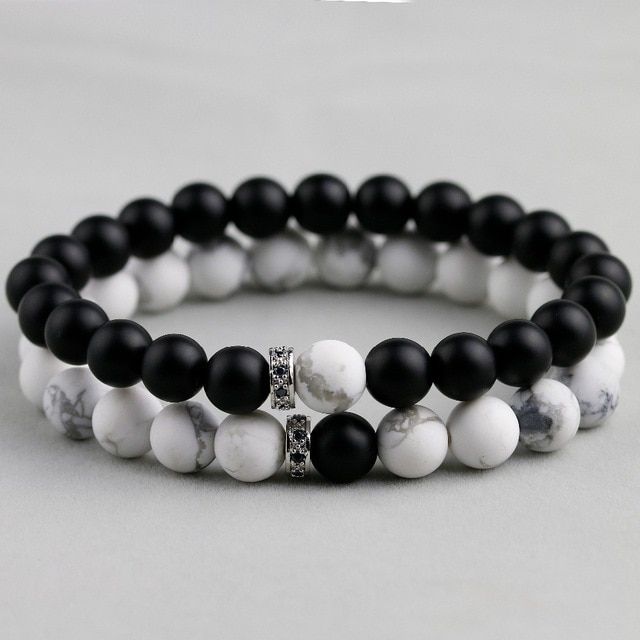 Natural Matte Black Onyx Matte White Howlite Beaded Stone Bracelet For