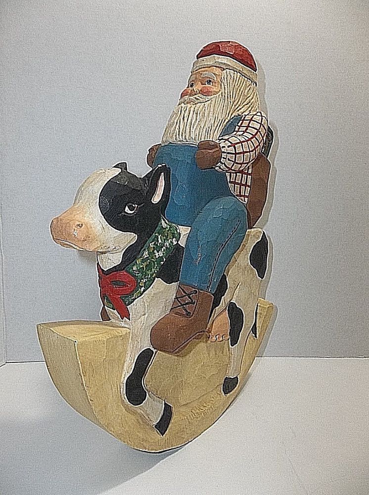 James Haddon Folk Art Carved Wood SANTA Riding COW Signed