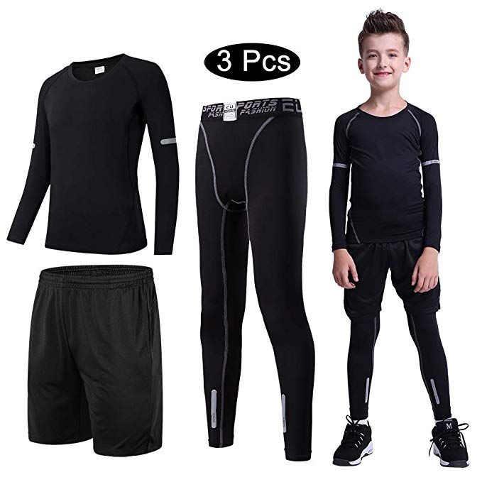 2//3//4 Pcs Boys Girls Athletic Compression Leggings and Shirts Running Tights Base Layer Thermal Set