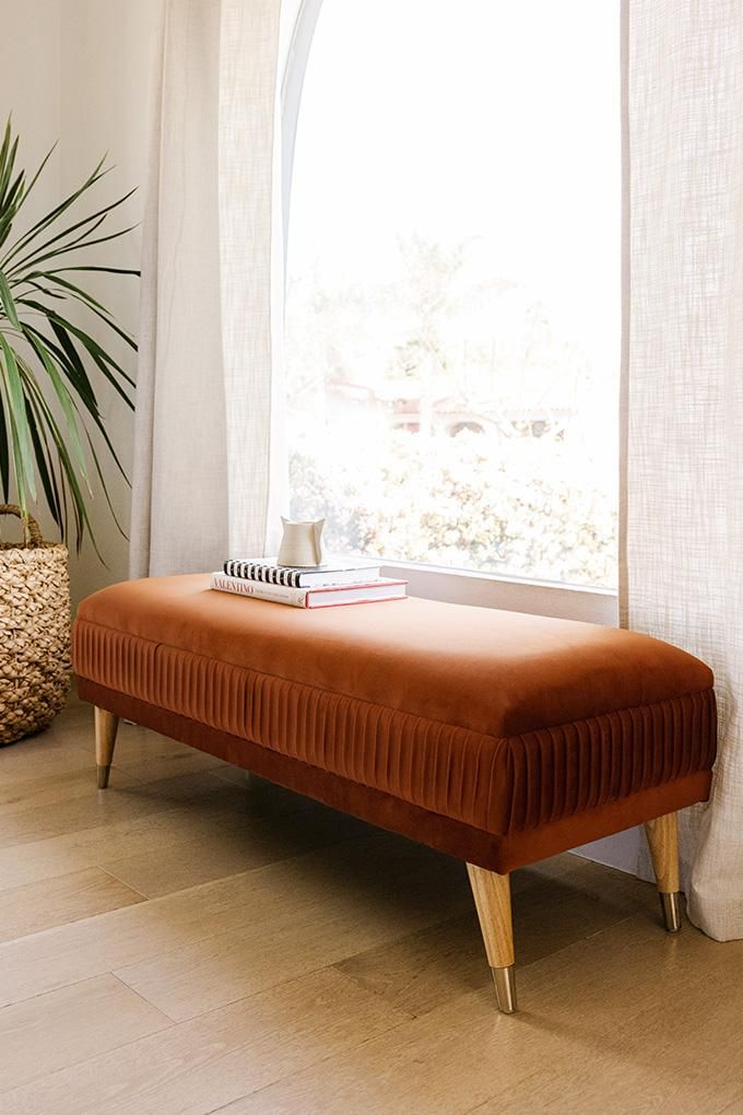 The refined elegance of this velvet bench is emphasized by its pleated side detail and brass legs. Style as an accent piece in the living room, or a shoe bench in the entryway for an elevated ambiance in any space. Pleated side detail Brass detail on legs Soft velvet fabric Requires some assembly Product Dimensions Overall: 48"W x 19"D x 17"H Material & Care 100% polyester velvet fabricWood leg with chrome plated iron accent Do not use water to clean to prevent fabric shrinkage. Professional Home Interior, Bedroom Interior, Bedroom Decor, Interior Design, Bedroom Modern, Bedroom Furniture, Living Room Bench, Living Room Decor, Living Spaces