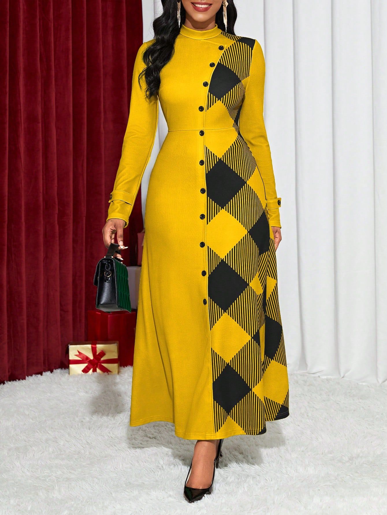 Women s Stand Collar Plaid Long Sleeve Button Design Elegant Midi Dress women-s-stand-collar-plaid-long-sleeve-button-design-elegant-midi-dress