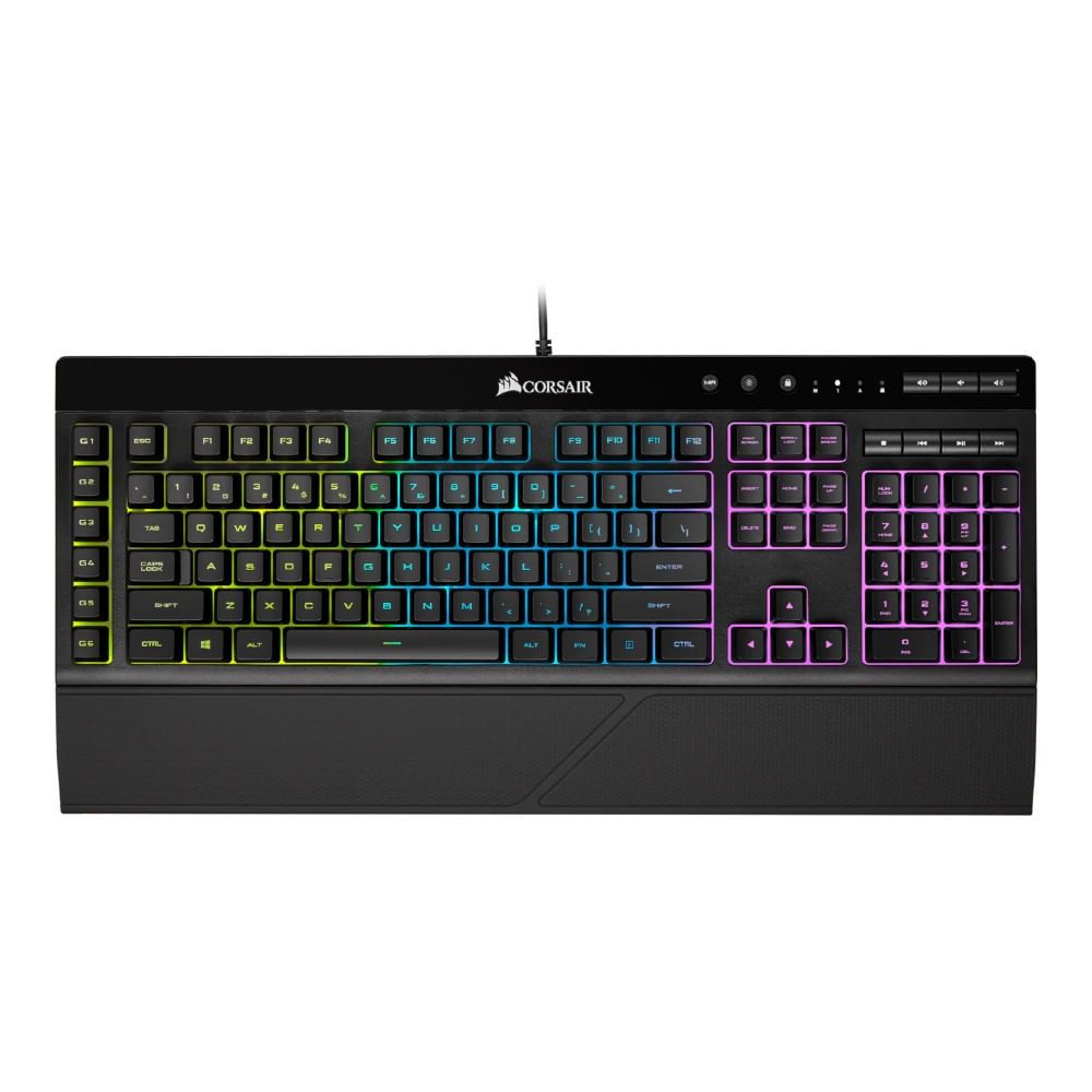 Diseño El teclado gamer Corsair K55 RGB tiene un diseño delgado y resistente. Por otro lado, incluye protección Ip42 contra el polvo y los derrames ayuda a evitar accidentes para no tenga que interrumpir su juego. A su vez, ofrece retroiluminación RGB en tres zonas para poder personalizar sus colores con modos de iluminación dinámica y estática integrados. Tecnología El K55 RGB lleva el rendimiento a un nuevo nivel. Los modos de retroiluminación RGB intuitivos, sus 6 teclas macro específicas, el Computer Keyboard, Products, Home, Keys, San Vicente, Game, Colors, Computer Keypad, Keyboard